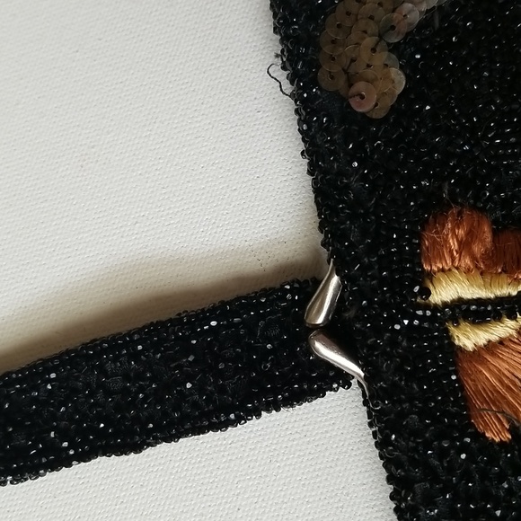 Vintage Black Beaded and Floral Embroidered Clutch Wrislet Purse - Picture 5 of 12